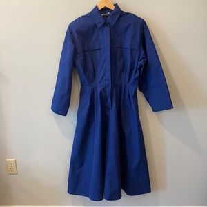 Vintage Blue Cerulean Long Sleeve Button Up Shirtdress with Pockets Trench Look